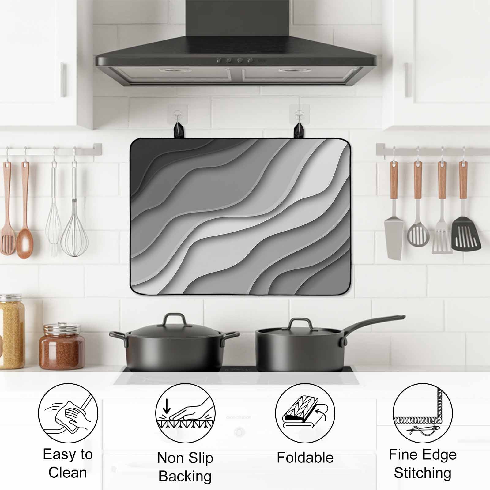 Black Grey Ombre Stove Top Cover for Electric Stove, Heat-proof & Non Slip Glass Top Stove Cover Protector, Modern Geometric Abstract Aesthetic Cream Kitchen Flat Cooktop Rubber Mat 24x21 Inches