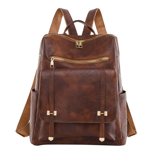 Kcodviy Ladies Solid Color Leather School Backpack Large Capacity Double Zipper Hiking Backpack Casual Backpack