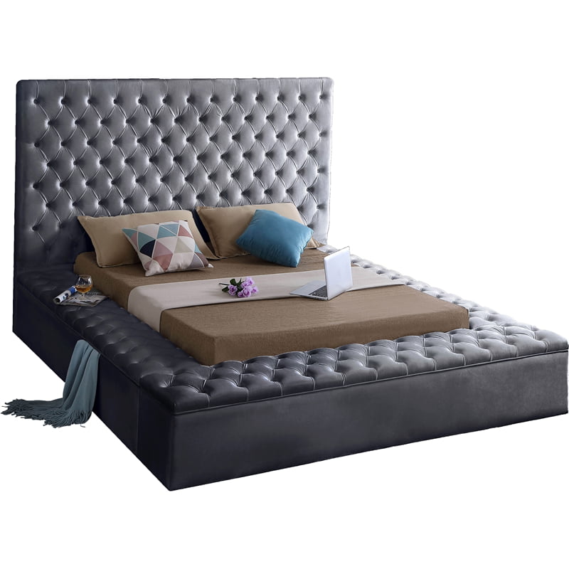 Solid Wood Tufted Velvet King Bed, Gray Velvet Tufted King Bed