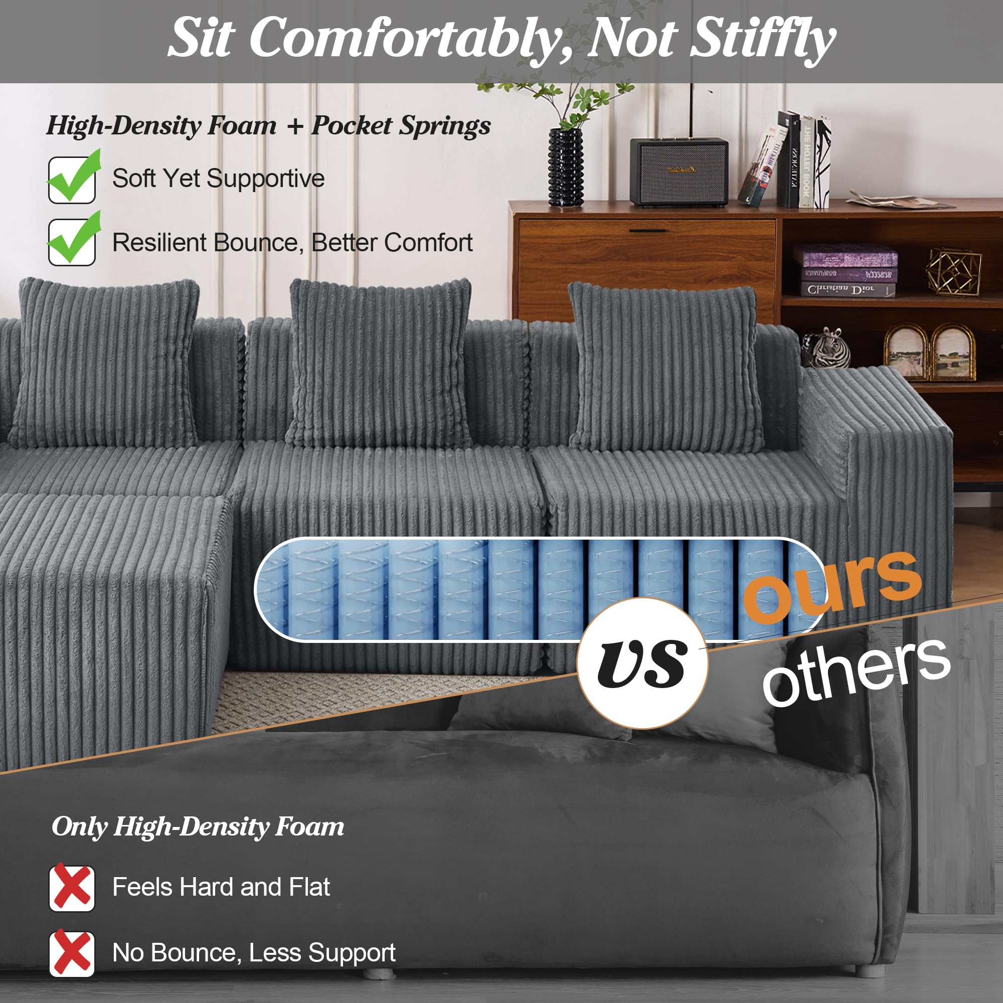 Upholstered Cloud Couch, Modern Minimalist Corduroy Couches for Living Room, Foam-Filled Compressed Sofa,No Assembly Required