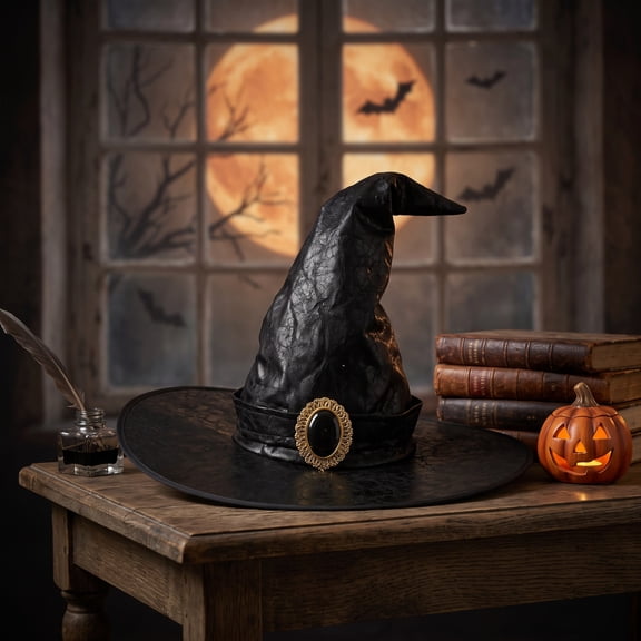 Lypsnake Wizard Witch Hat,Crinkled Faux Leather Wide Brim Hat With Gemstone Buckle Decor Costume Accessory For Halloween Party Witch Themed Dress Up & Photo Prop