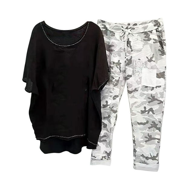 ICHUANYI Clearance Women's Print Crewneck Half Sleeve Pullover Shirt Tops + Pants Trousers Set(Black, XL) ICHUANYI WER2023080709381
