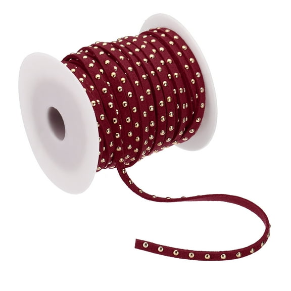 65.6ft Studded Faux Suede Cord Rope for Jewelry Making 5mm Micro Fibre Flat Leather Lace Beading String Ribbon with Rivets, Dark Red Golden