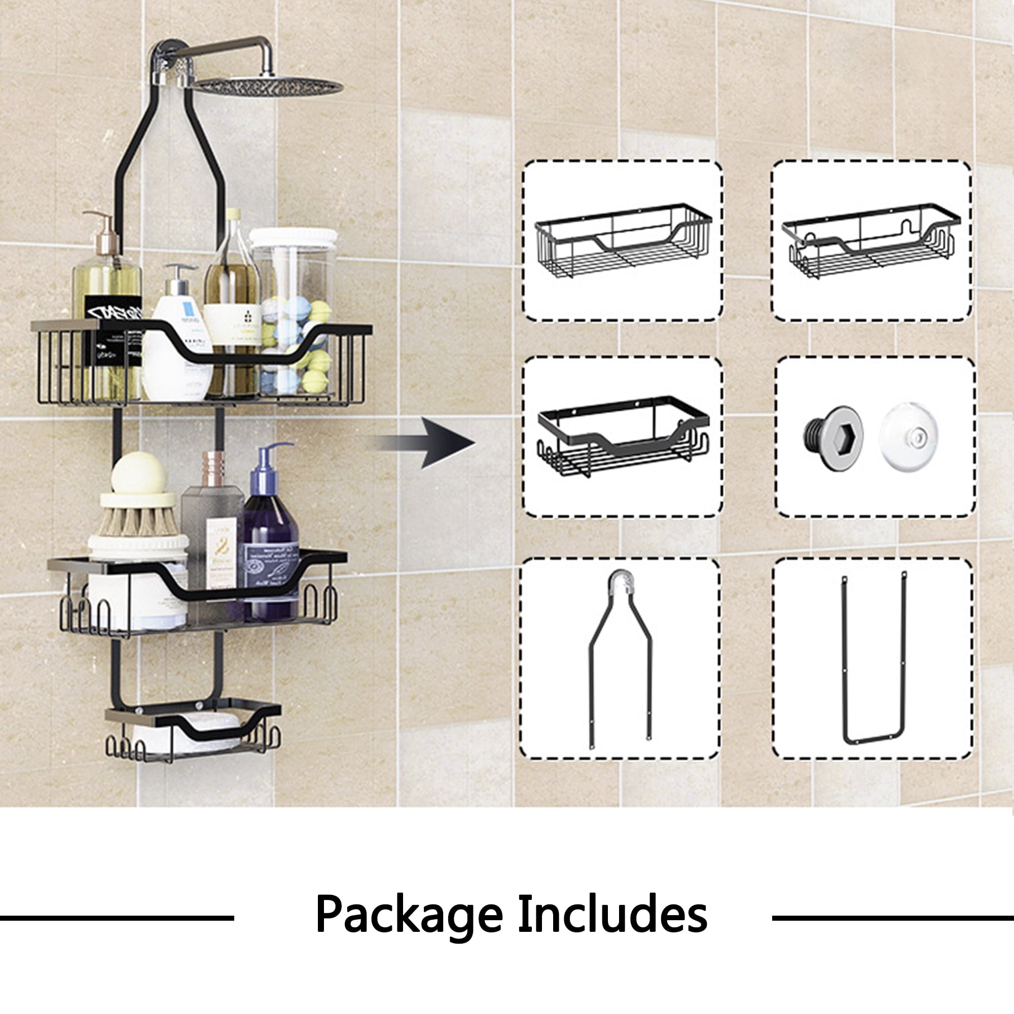Over the Shower Head Shower Organizer, Hanging Bathroom Storage Rack with 12 Hooks, Shower Caddy with Toothbrush Holder