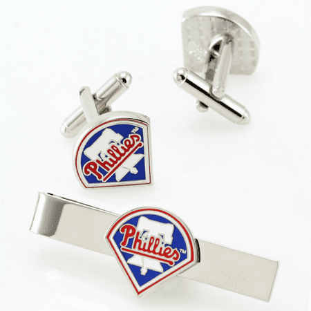 Philadelphia Phillies Cufflinks - Philadelphia Phillies Silvertone Team Logo Tie Clip & Cufflinks Set - No Size