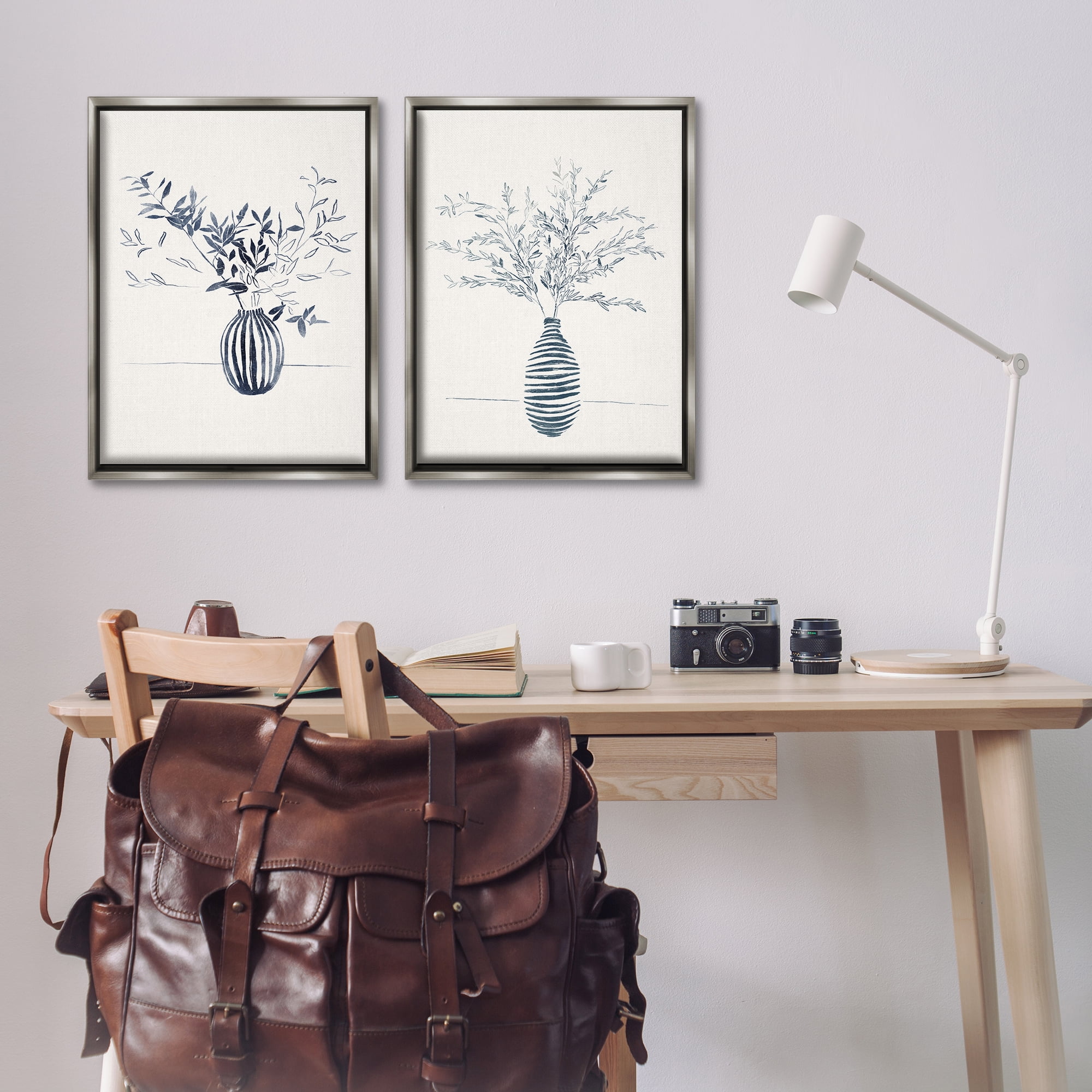 Stupell Industries Striped Floral Table Vase Plants & Flowers Drawing Gray Floater Framed Canvas Art Print Wall Art, 21 x 31, Set of 2