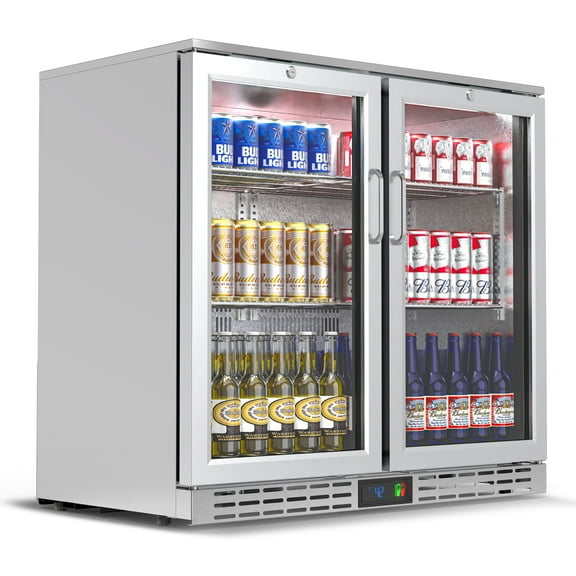 Coolake 36" W 7.4 Cu.ft Back Bar Refrigerator Commercial Under Counter Beverage Cooler with 2 Glass Doors & LED Lighting