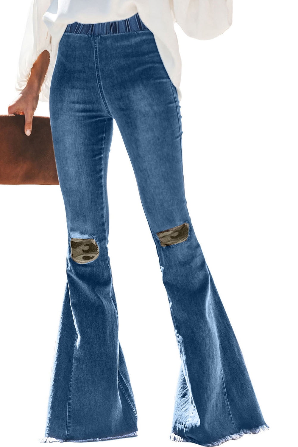 HOTAPEI Women's Destroyed Flare Jeans Elastic Waist Bell Bottom Raw Hem