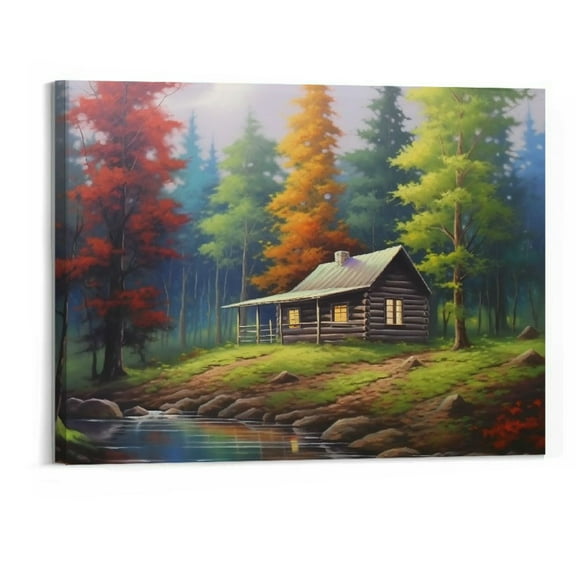 Creowell  Fall Canvas Prints Wall Art - A Cabin In A Wilderness Picture - Landscape Picture Panoramic Artwork - for Living Room Office Decoration Scenery Artwork (20x16 Inch)