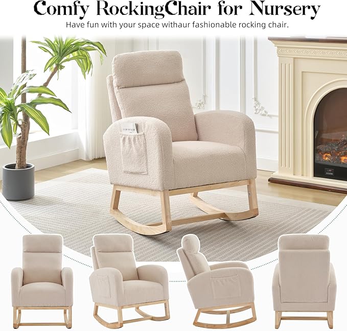 Leather Glider Chair, Modern Rocking Chair, Nursery Faux Leather Glider Chair with Rubber Wood Legs and Side Pocket, Rocking Accent Armchair for Living Room, Bedroom, Beige