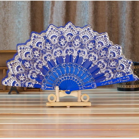 

wofedyo Chinese Style Dance Wedding Party Lace Silk Folding Hand Held Flower Fan Blue
