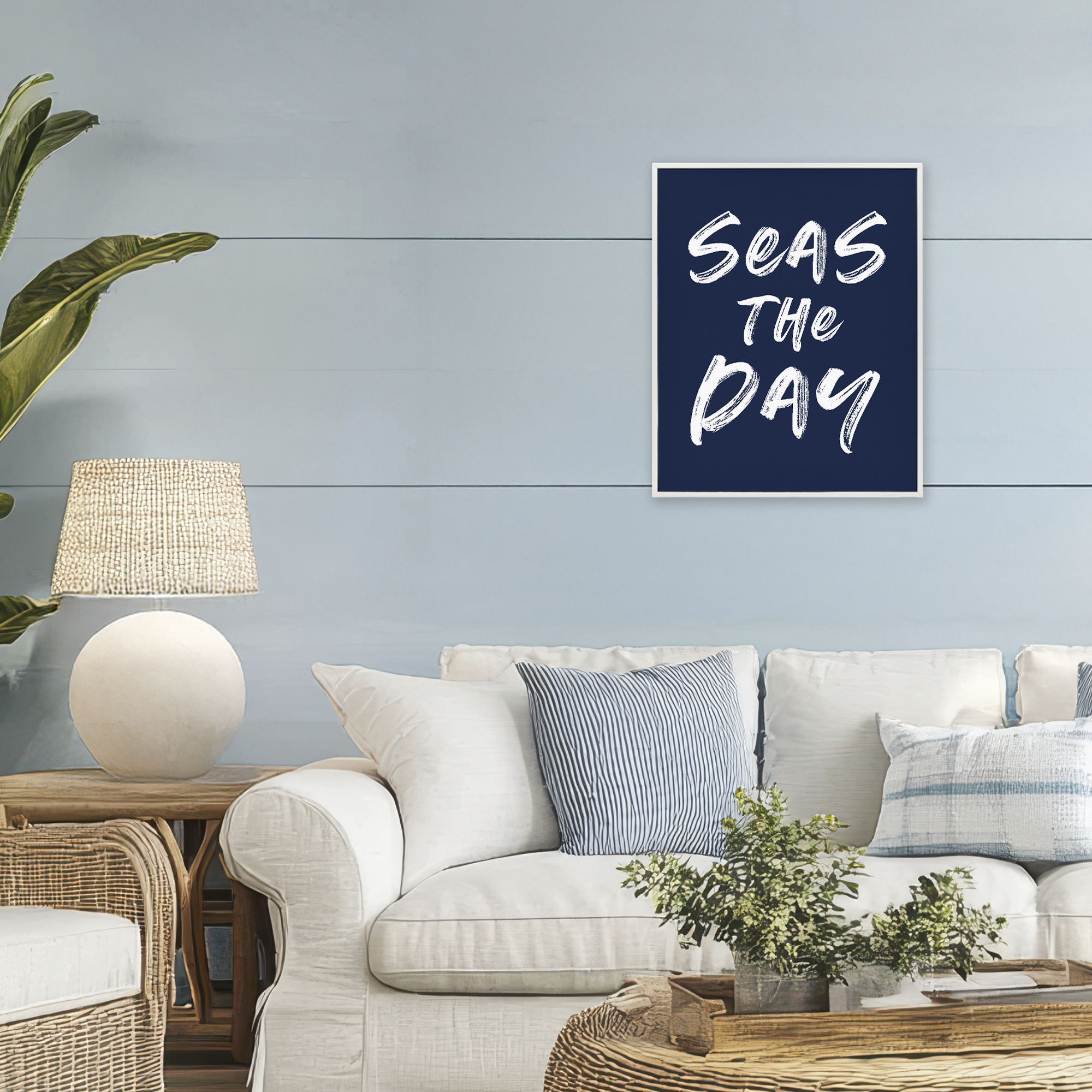Seas The Day Sentiment White Framed Giclee Art, design by Lettered and Lined