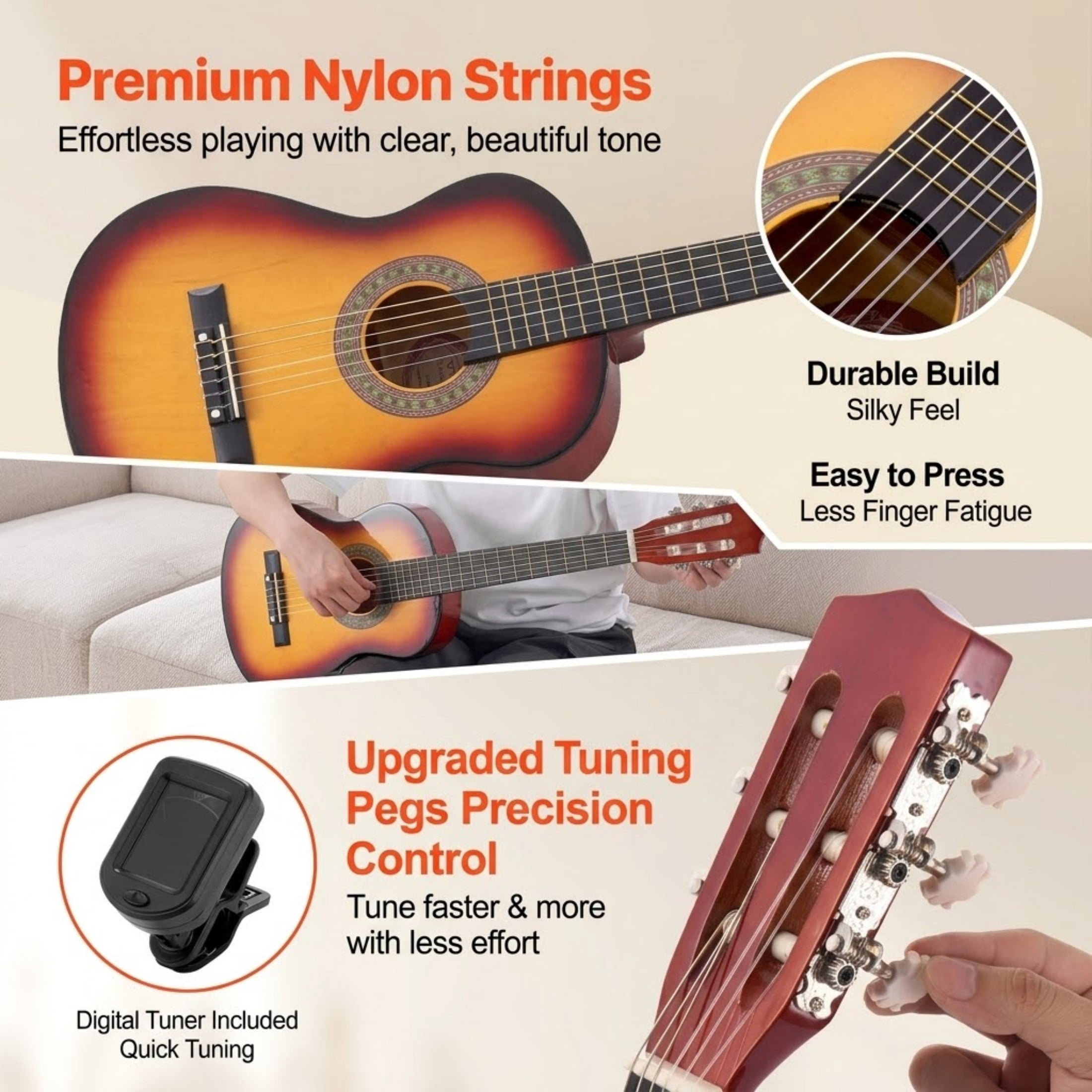30-Inch Classical Guitar Beginner Starter Kit for Kids, Basswood Wood Guitar with Nylon Strings, Gig Bag & Tuner, Sunburst
