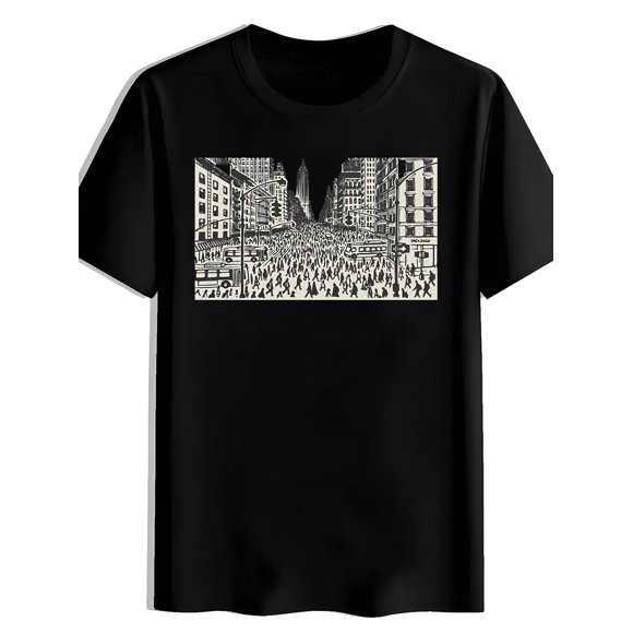 T Shirt Men's Urban Street Scene with City Crowd Print