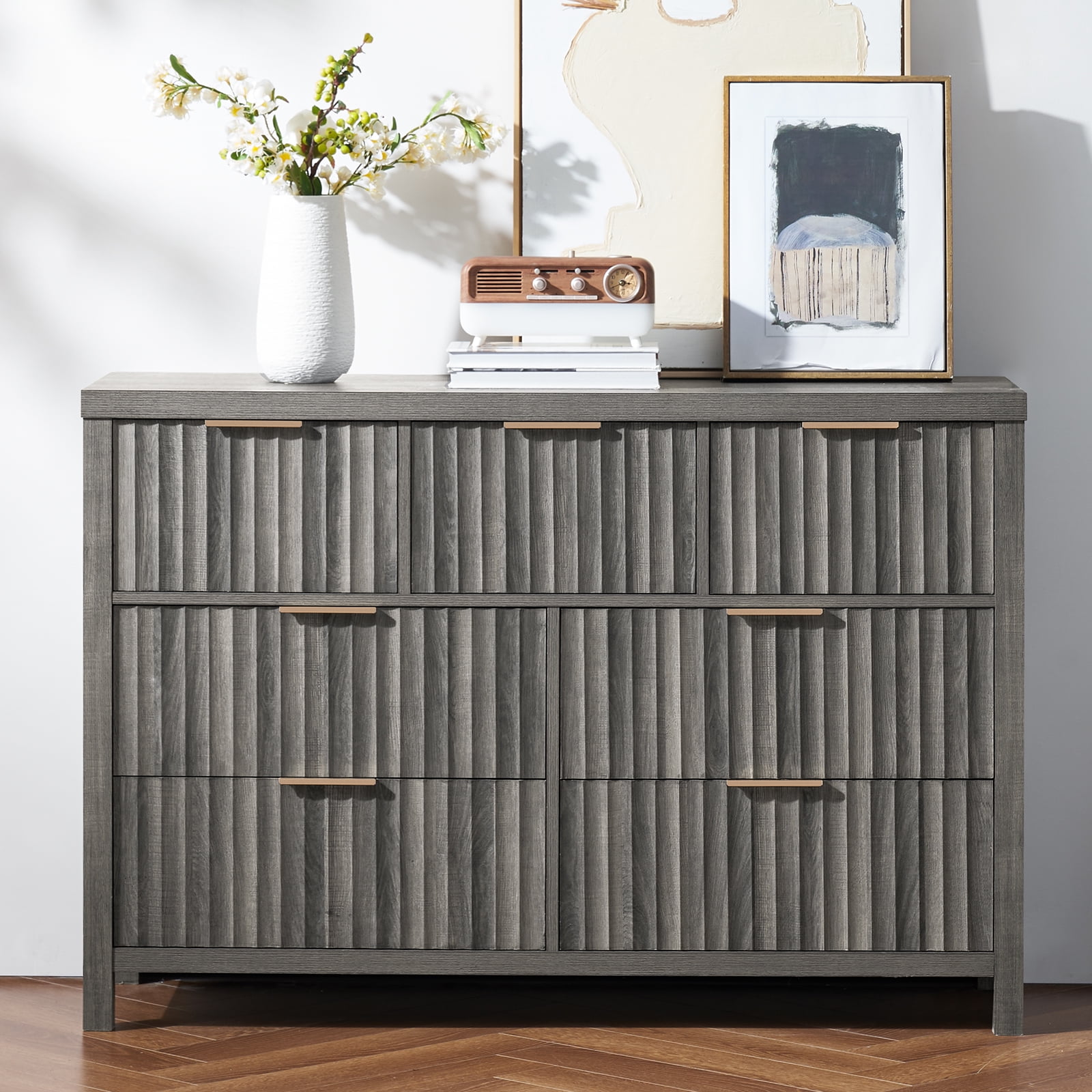 OAKHAM 7 Drawer Dresser, Fluted Wide Chest of Drawers for Bedroom Living Room, Midnight Oak