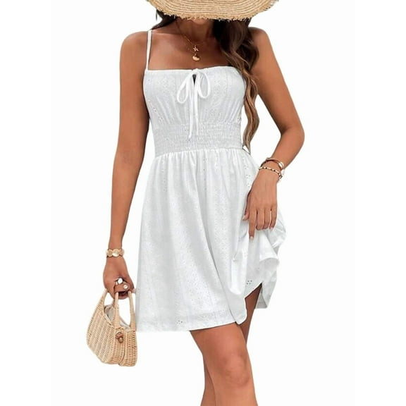 Women'S Sleeveless Ruched Bust Eyelet Embroidery Flared -Dresses White XL