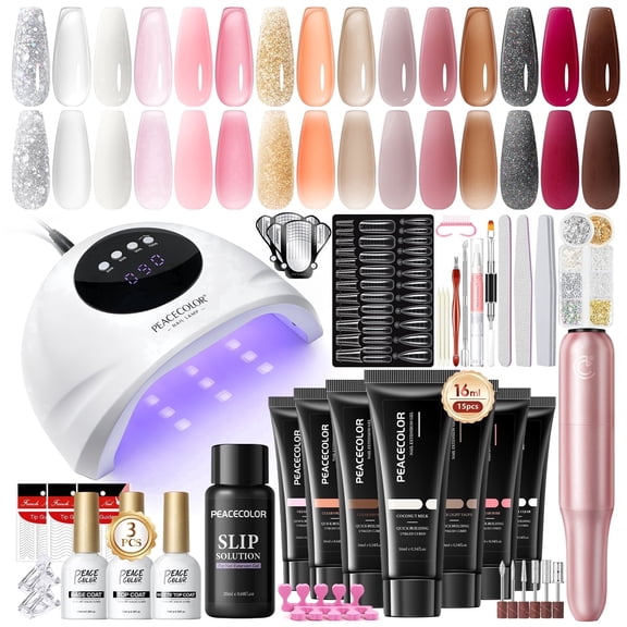 PEACECOLOR Poly Nail Gel Kit with Drill and Lamp, 15 Colors Nail Extension Gel 3Pcs Base Top Coat and Nail Tools, Manicure Kit Gifts for Women