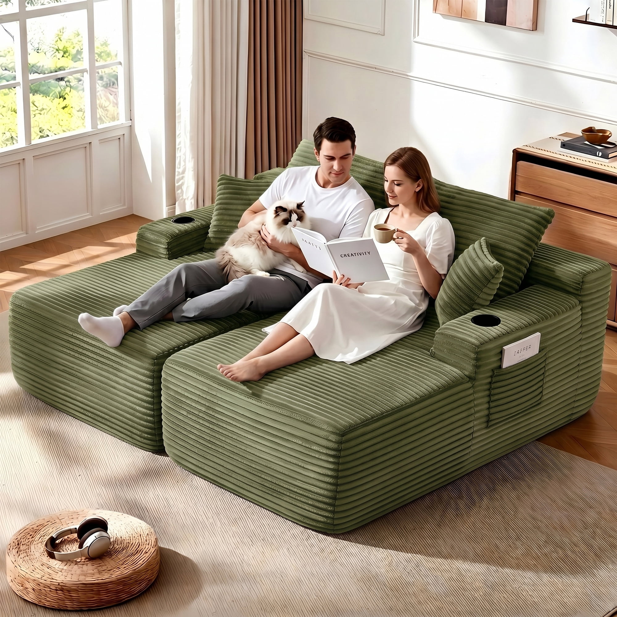 Aukfa 69" Oversized Double Chaise Lounge Boneless Couch Modular Loveseat Sleeper Sofa Bed for Living Room, 2 Cup Holders, Corduroy, Green