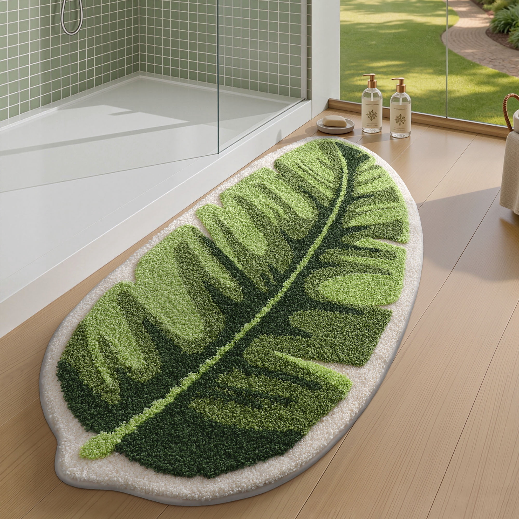 FRABE Cute Palm Leaf Bathroom Rugs, Soft Fluffy Plush, Non Slip Absorbent,Machine Washable, for Shower Floor, Bedroom, Kids Room, 24x48