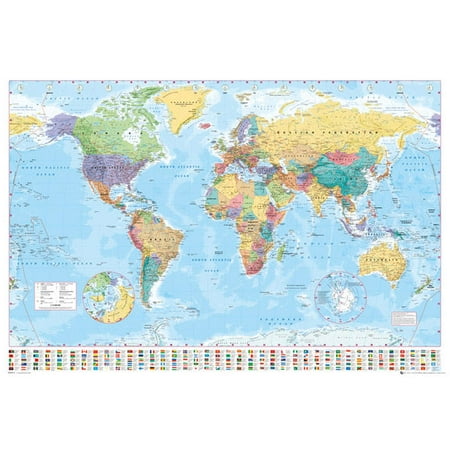 Laminated Political World Map Political Map Of The World - Educational Poster / Print (World Map With Flags - Version 2) (Size: 36