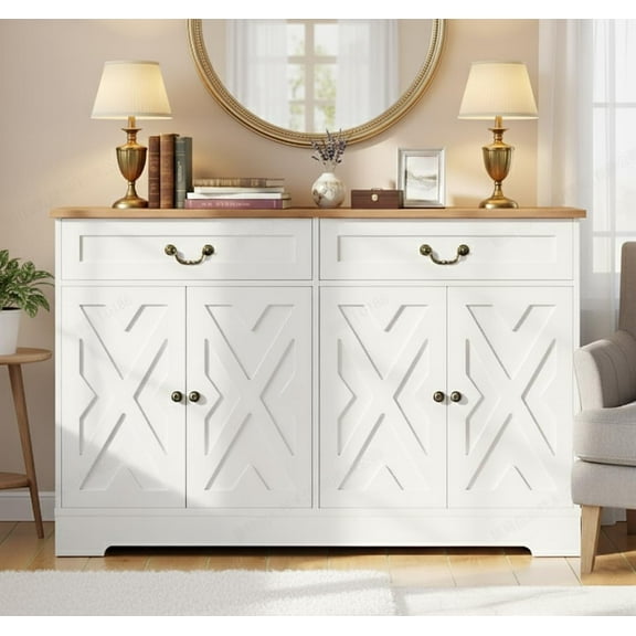 57" Farmhouse Buffet Cabinet with 4 Doors & 2 Drawers, White Sideboard with Adjustable Shelves for Living & Dining Room