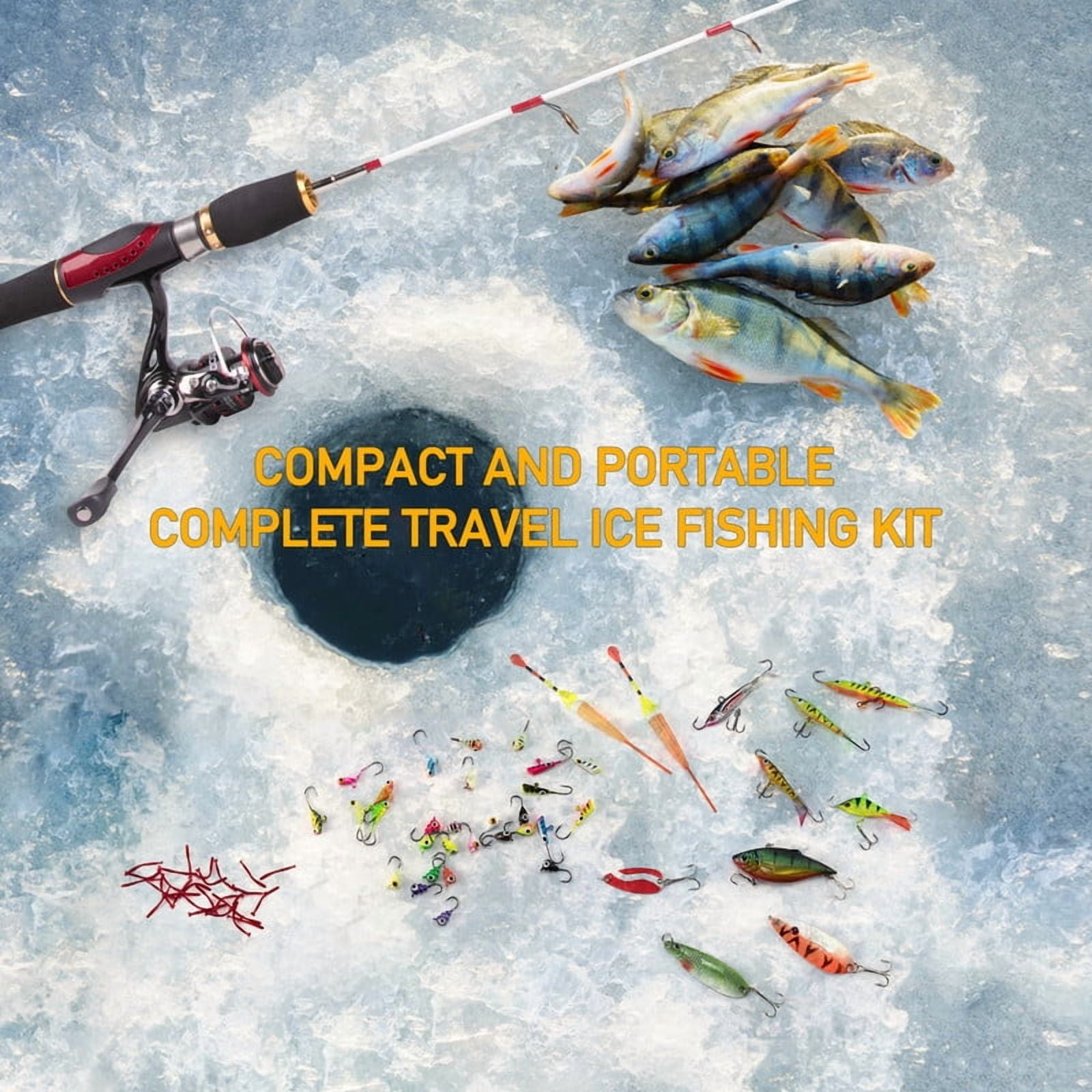 Dr.Fish Ice Fishing Rod and Reel Combo, Ice Fishing Pole Gear Spinning Reel Equipment Set Backpack Chair Jigs Lures Accessories