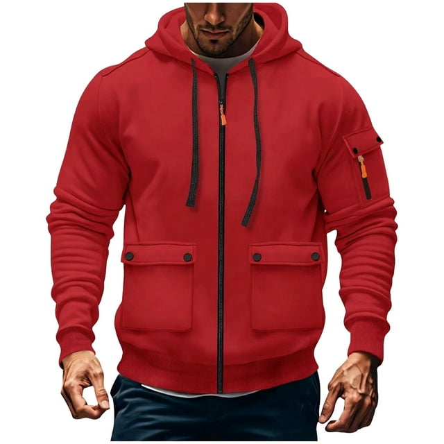Xfvqtps Hommes Couleur Unie Multiples Poches Sport Entraînement Décontracté à Capuche Manches Longues Rouge