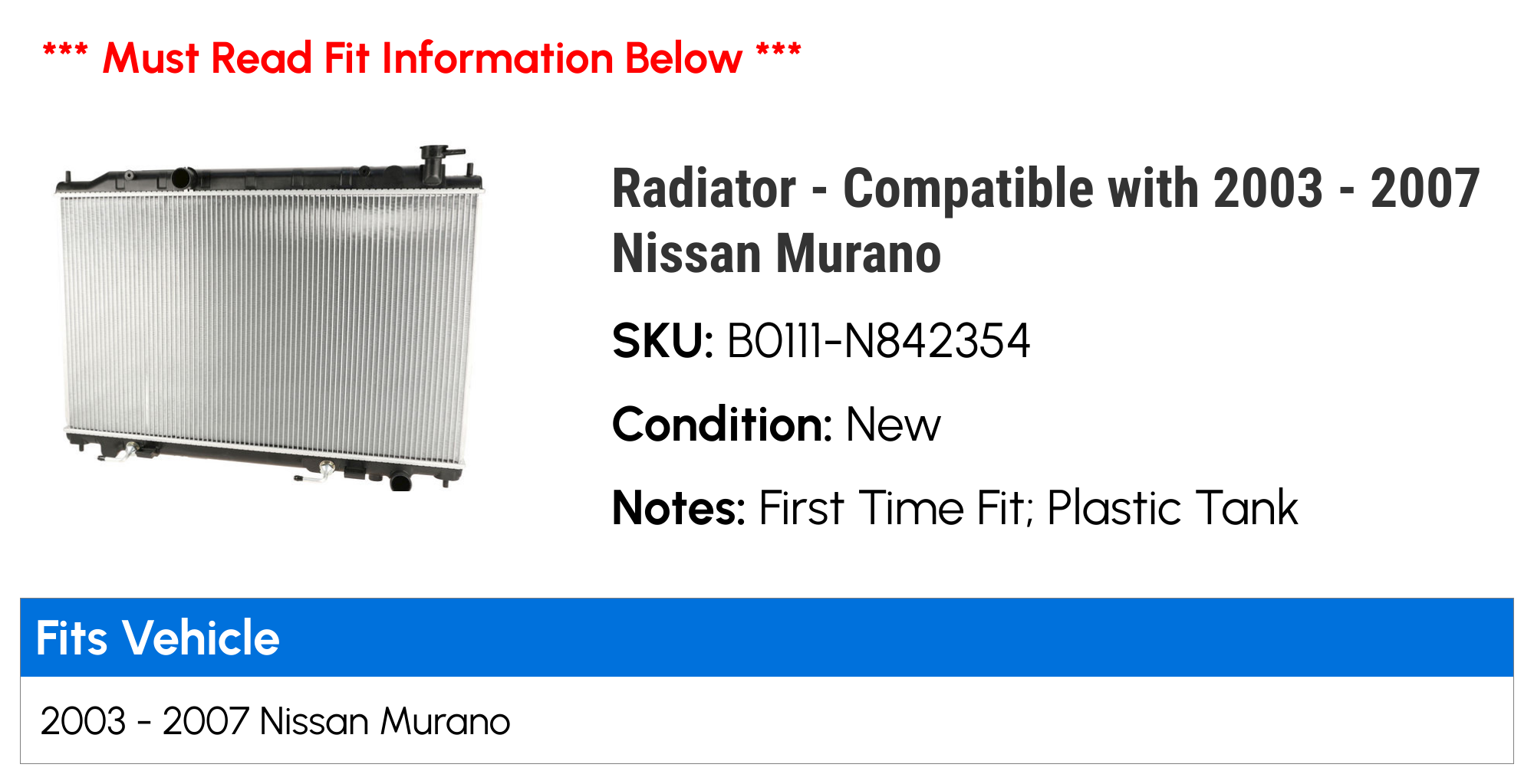 Aluminum Radiator For Nissan Quest 2011-2017 & Murano 2008-2014 V6 3.5L – 1-Year Warranty