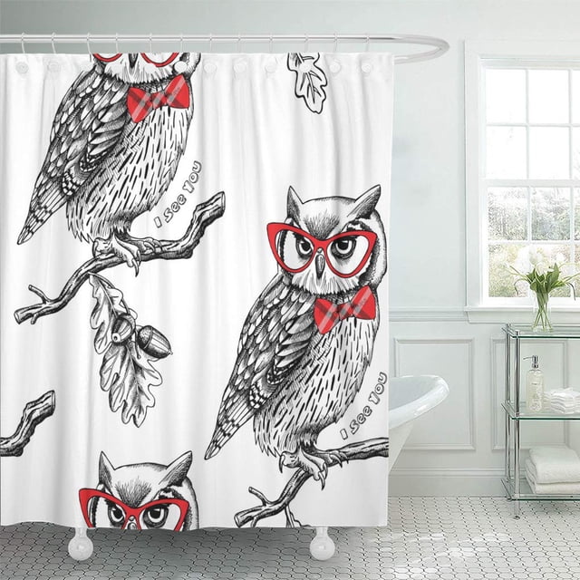 Cortina de Baño ABPHQTO Patrón Sin Costuras Búhos con Gafas y Corbata Roja 150x180 cm