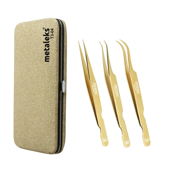 Metaleks 3Pcs Japanese Stainless Steel Tweezers for Eyelash Extension in Golden Titanium Coated with Golden Glitter Magnetic Kit