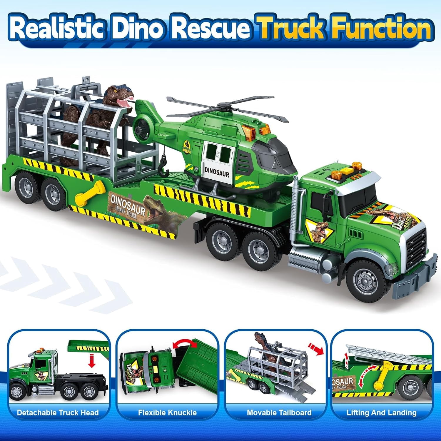 PMHZI 3-in-1 Dinosaur Truck Toy for Kids, Friction Powered Green Flatbed Carrier with Dino Transport, Lights & Sounds, Gift for Boys Ages 3+