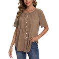 thumbnail image 3 of Women Summer Button Up Front Tops Shirts Casual Loose Pullover T-shirt Round Neck Pleated Tunic Blouses for Ladies Comfy Plain Tee, 3 of 9