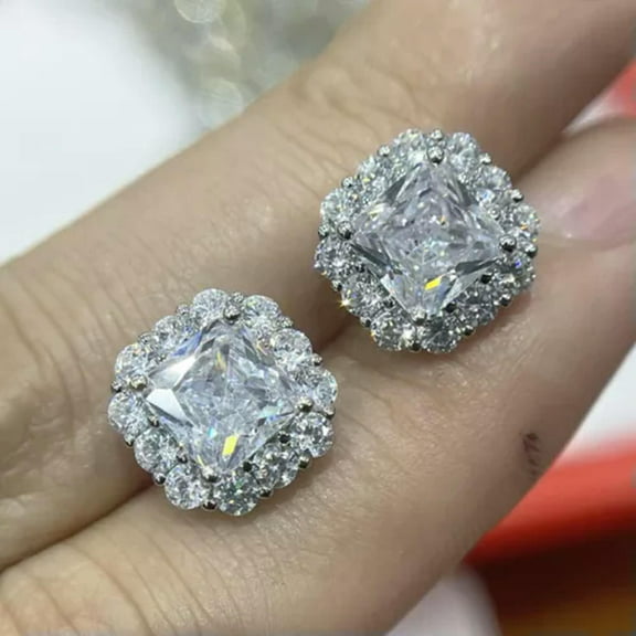GKNET Natural Square Zircon 925 Silver Stud Earrings Womens Wedding Earrings-White