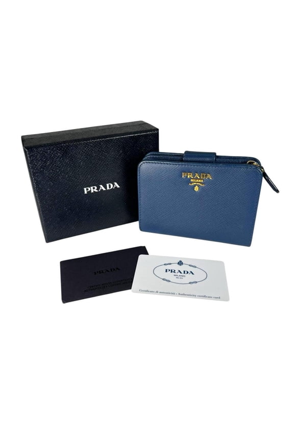 Pre-Owned Prada bi-fold wallet, zip-around, Saffiano leather, 1ML018, blue.