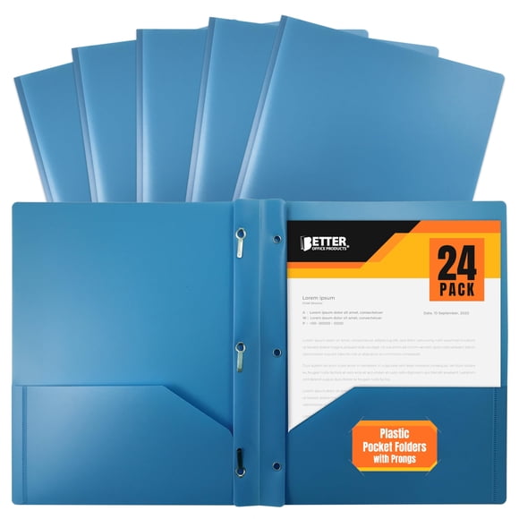 Better Office Products Light Blue Plastic 2 Pocket Folders with Prongs, 24 Pack, Heavyweight, Letter Size Poly Folders with 3 Metal Prongs Fastener C