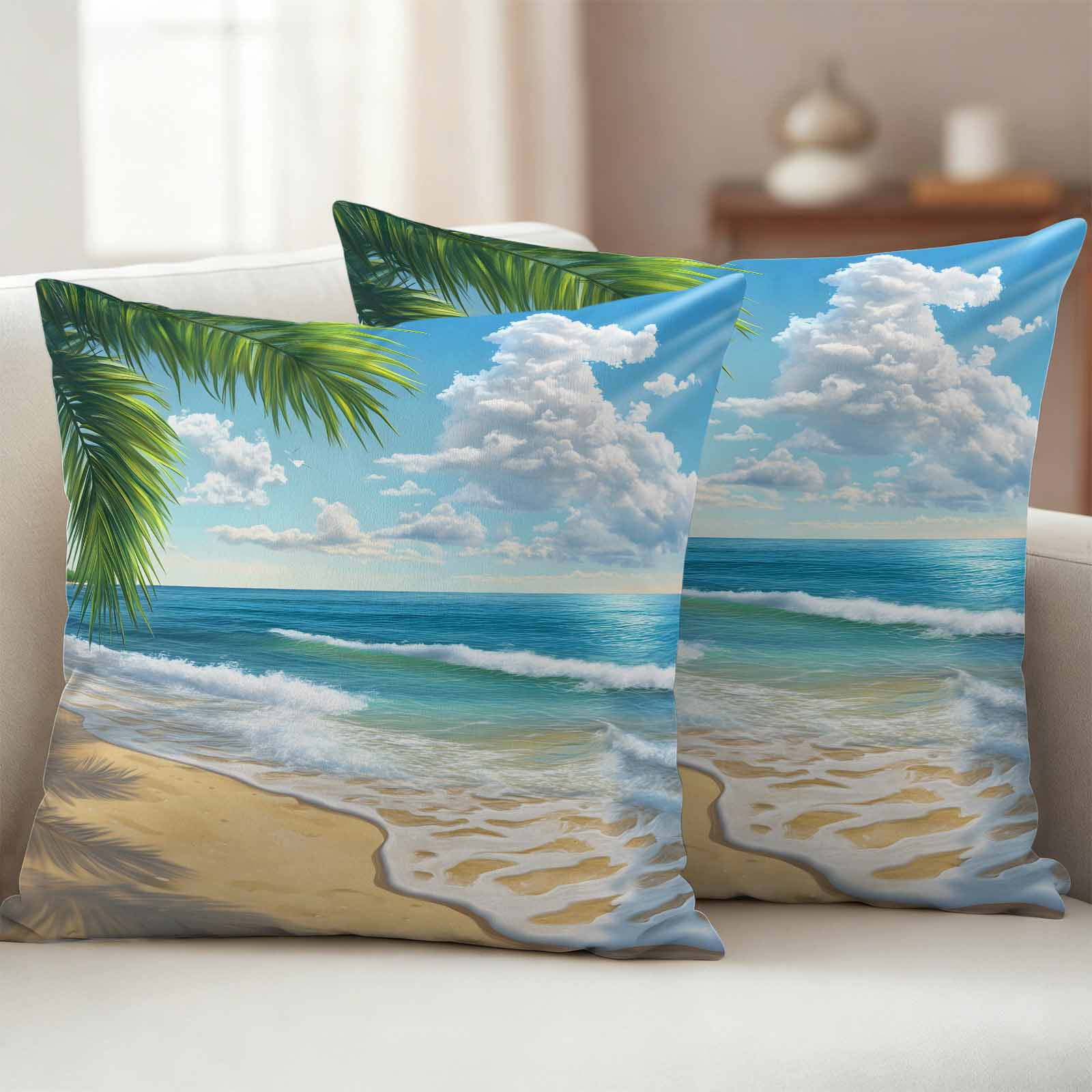 Waterproof Throw Pillow Covers 16x16 Set of 2, Summer Beach Blue Seawater Outdoor Pillowcases with Invisible Zipper, Tropical Plant Palm Tree Decorative Cushion Covers for Patio Garden Sofa Couch