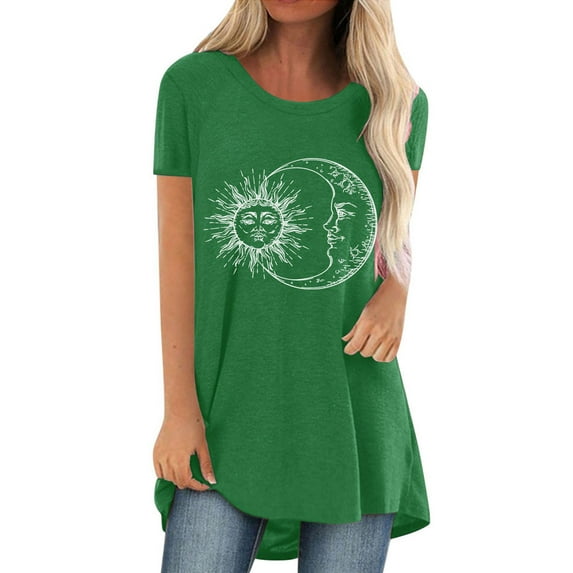 Qmyliery Women Long T-shirt, Sun and Moon Print Short Sleeve Round Neck Summer Tops, S-XXXXXL