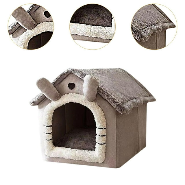 Tienda de campaña para mascotas pequeñas, cama cueva para gatitos, color gris claro, con cojín extraíble, lavable, cueva para gatos, cama para conejil M