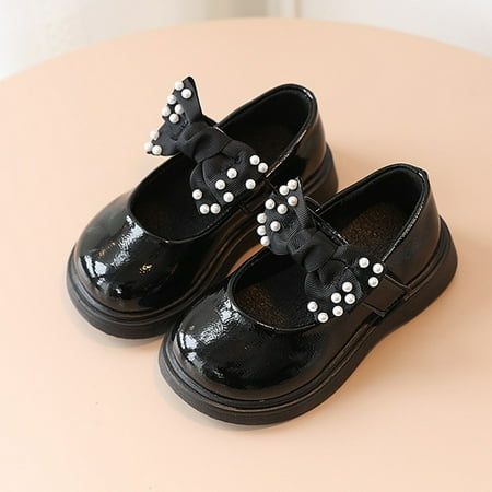 

Baozhu 2022 Toddler Girls Pearl Bow Thick Sole Bow Patent Leather Dress Shoes