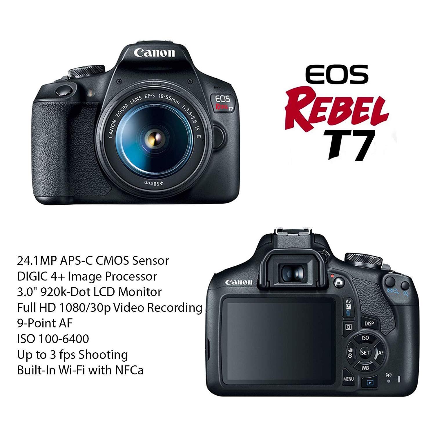 Canon EOS Rebel T7 DSLR Camera Bundle with Canon EF-S 18-55mm f/3.5-5.6 is II Lens + 2pc SanDisk 32GB Memory Cards + Accessory Kit - image 2 of 7