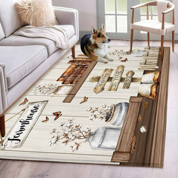 Farmhouse Vintage Area Rug 3x5 Washable Rug Non Slip Country Cotton Book Butterfly Art Large Area Rug Indoor Floor Carpet for Entryway Bedroom Kitchen Living Room Home Office Dining Room Nursery