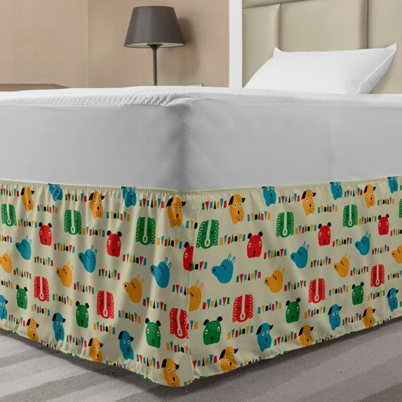 Scandinavian Bed Skirt, Dog Portraits with Geometric Shapes Colorful Cartoon Characters Animal Pattern, Elastic Bedskirt Dust Ruffle Wrap Around for Bedding Decor, 4 Sizes, Multicolor, by Ambesonne