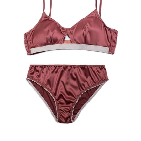 

2pcs Women Satin No Steel Ring Bralette Set Solid Small Padded Nightwear Underwear Kit Panties Cup Bra