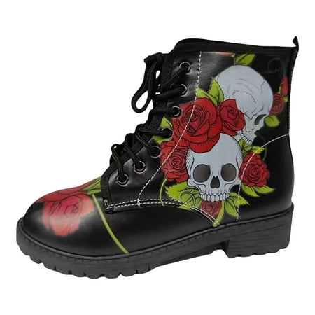 DVKOVI Dressy Shoes Cowgirl Booties for Women Trendy Combat boots for Women Flat Lace up Booties with Zip Round Toe Boot for Ladies Fall Winter Flat Heel Cowboy Boots Women Black 41