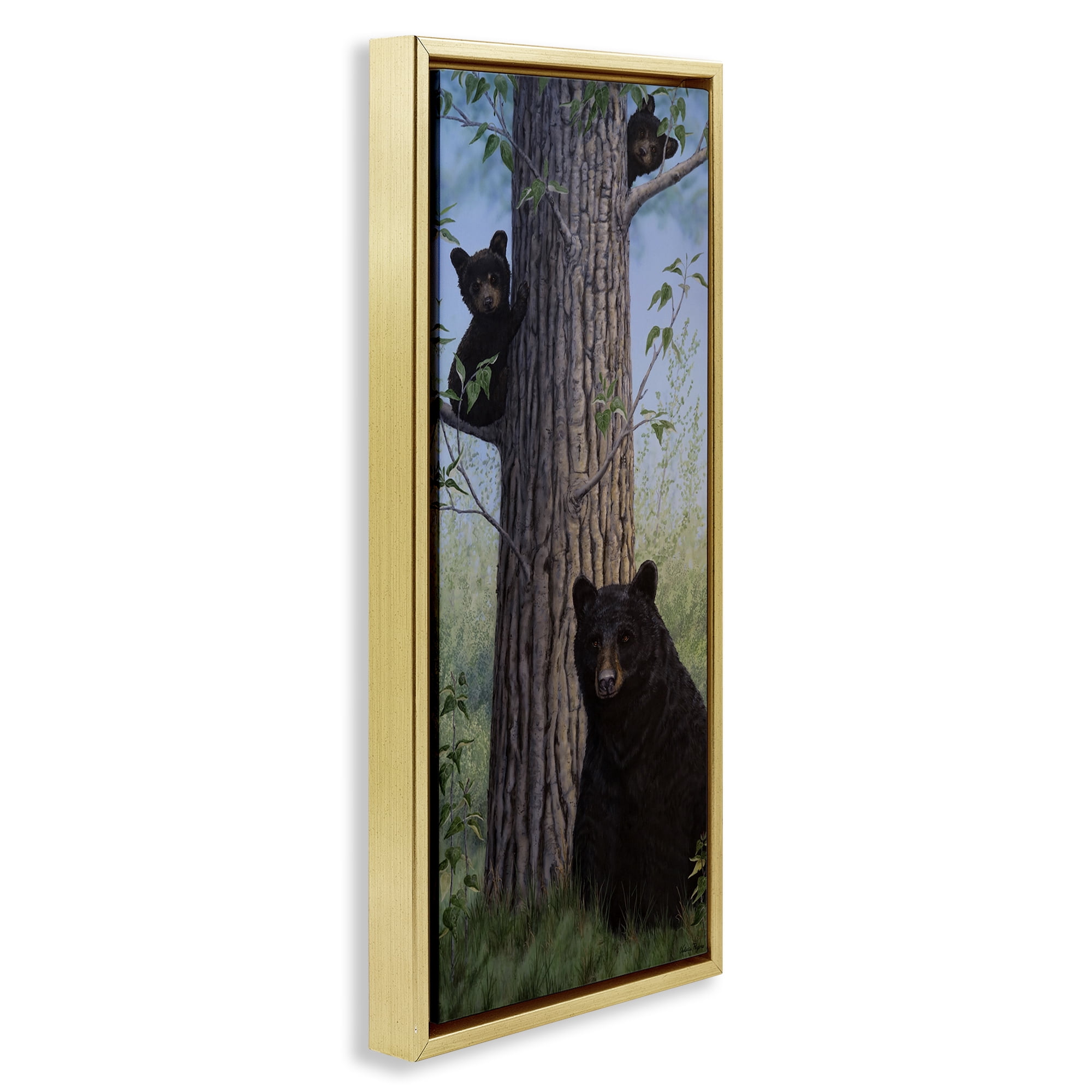 Stupell Industries Mama Bear & Cubs Animals Painting Gold Floater Framed Canvas Art Print Wall Art, 11 x 25