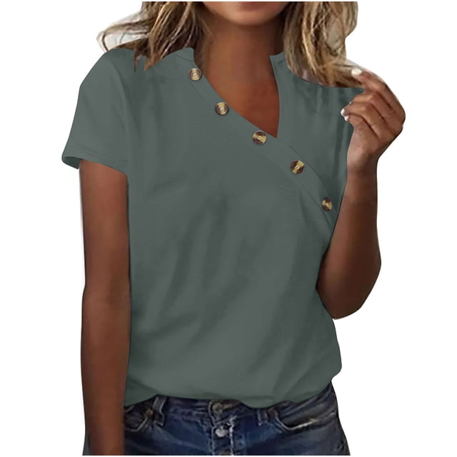 Eiyaclvo Womens Tops Plus Size Button Up V Neck Henley Shirts Spring Summer Solid Tees Loose Casual Basic T Shirts Comfy Soft Short Sleeve Tees