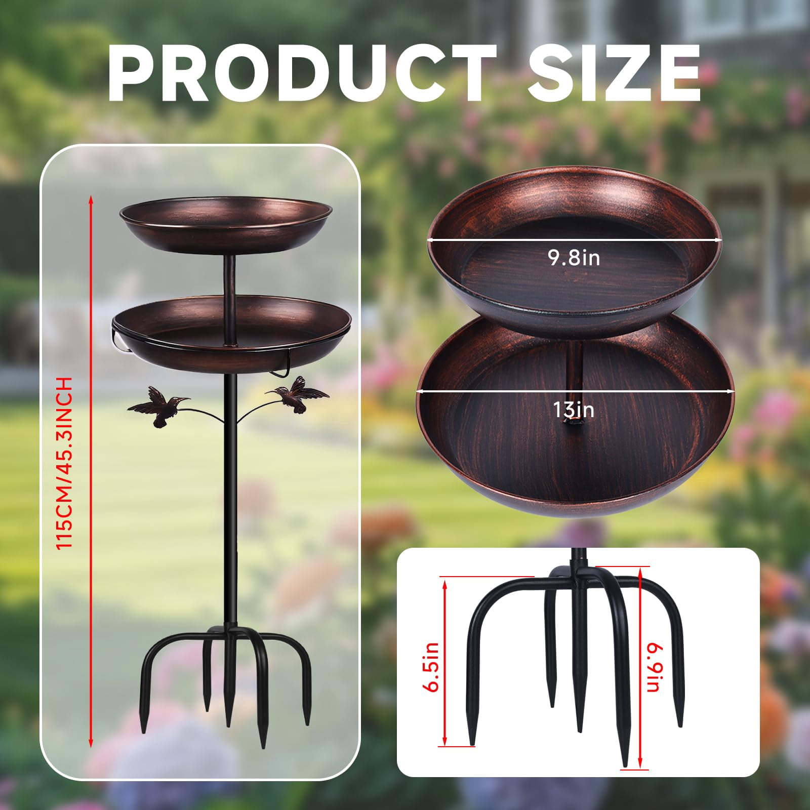 SLUMLOVE Metal Bird Bath for Outside, Rustproof Outdoor Bird Feeder, 45" Vintage Metal Birdbath with Reinforced 5-Prong Base for Garden and Patio Decor, Double Bowl Design