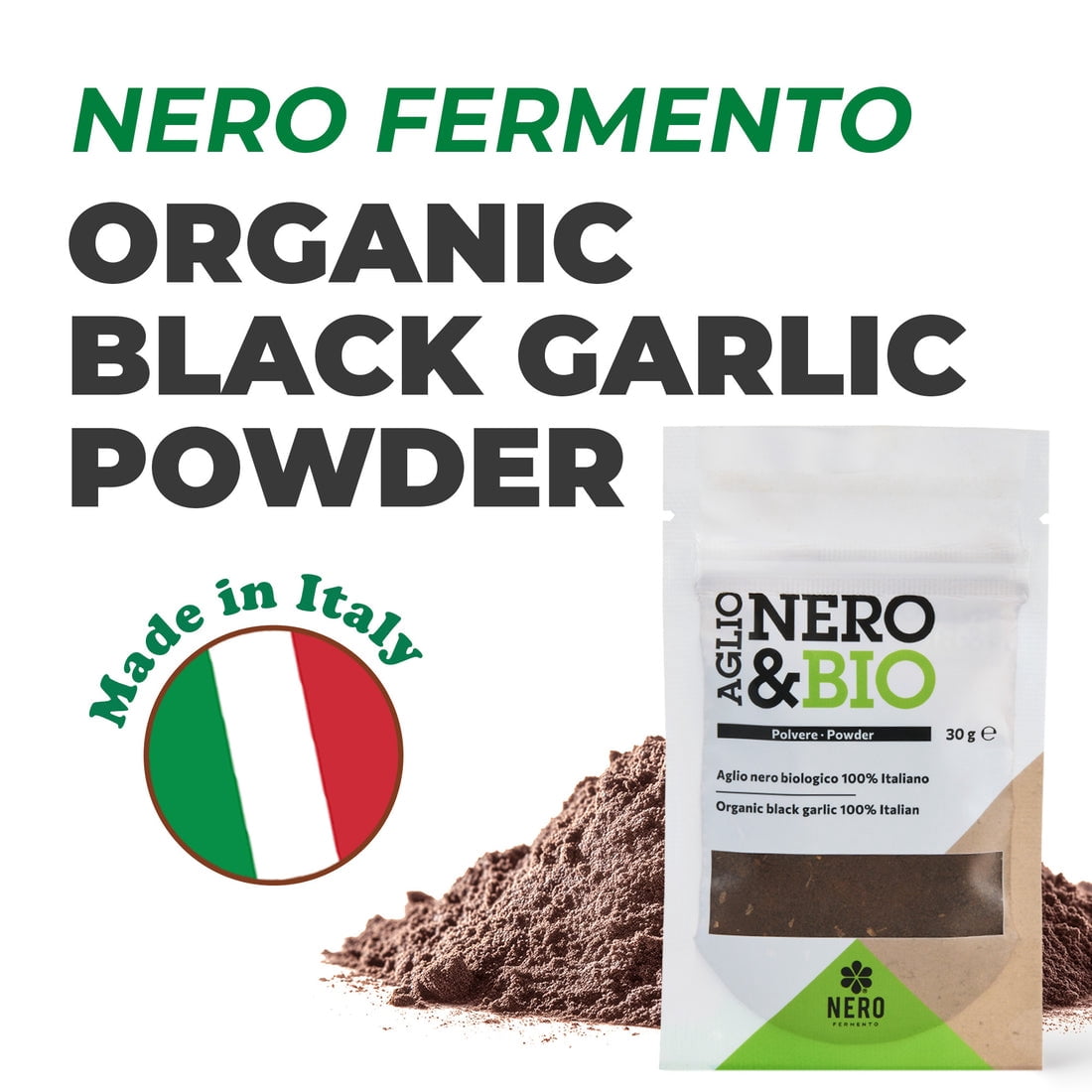 Nero Fermento Organic Black Garlic Powder, 30gr – Produced by Natural Fermentation of “Voghiera Garlic” bulbs. Vegan (Pack of 3)