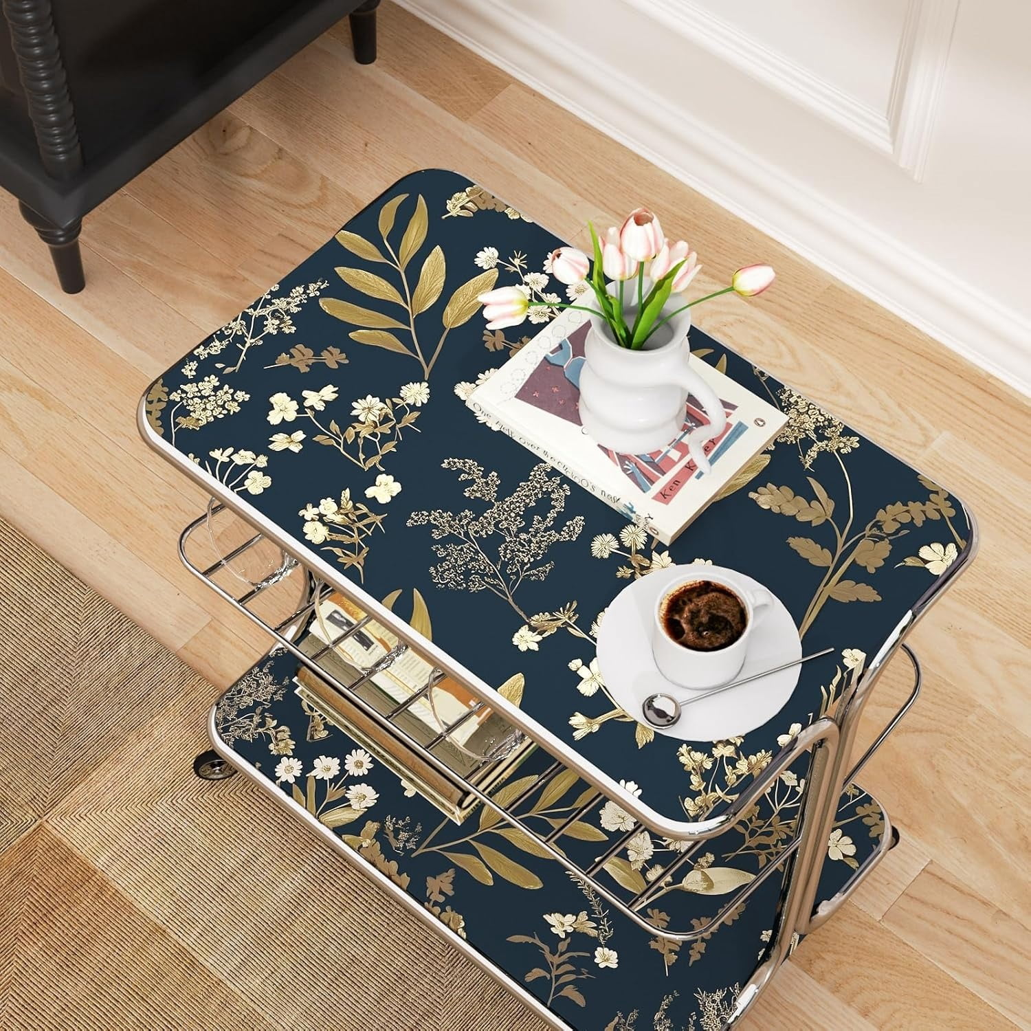 Dark Blue Leaf Wallpaper Peel and Stick Dark Floral Wallpaper for Bedroom Vintage Leaf Contact Paper Waterproof Self Adhesive Boho Floral Wall Paper for Bedroom Walls Countertop 17.5in x 393in