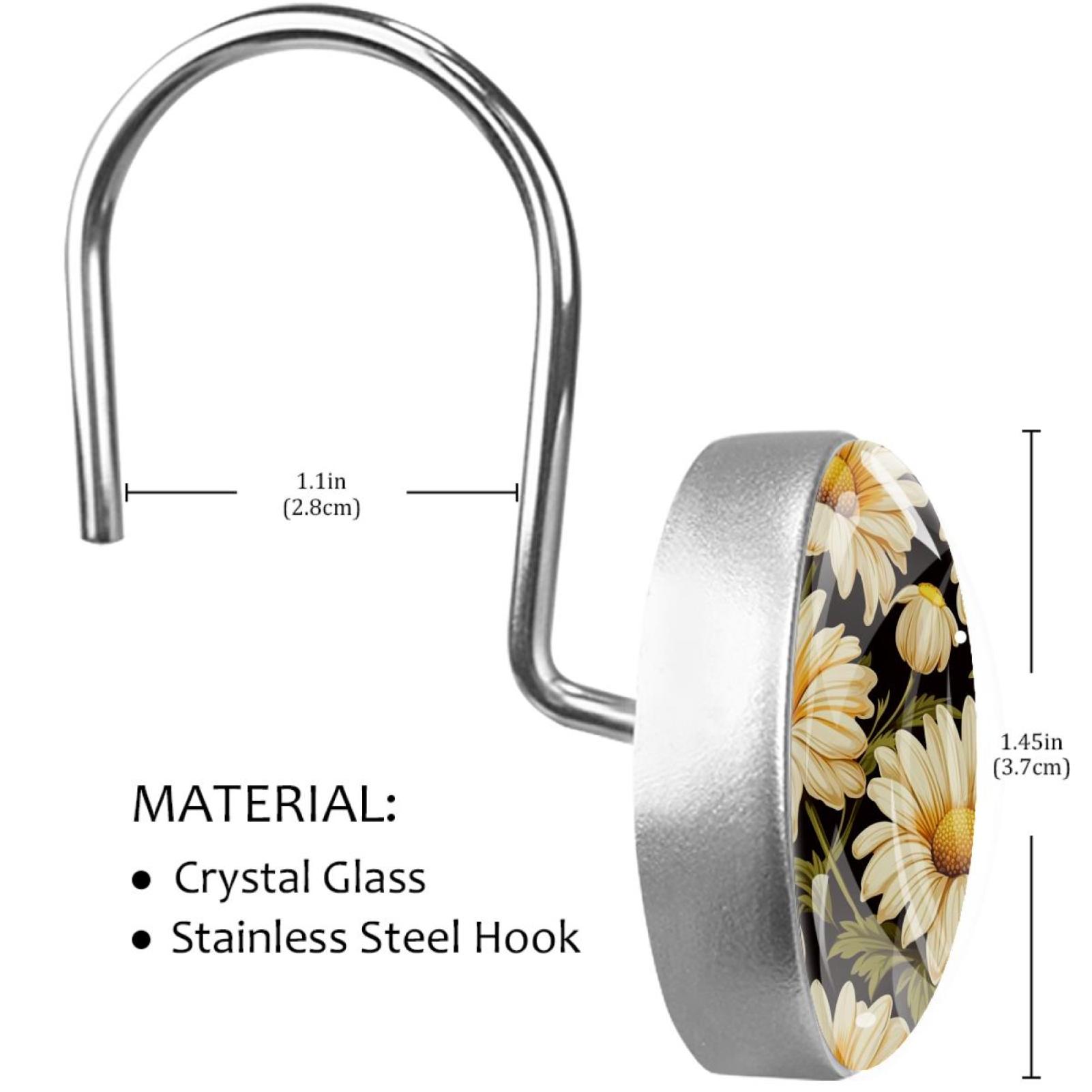 White Daisy Flowers Rolling Shower Curtain Hooks, Clear Crystal Glass Art Decorative Stainless Bath Bathroom Set 12 Pcs